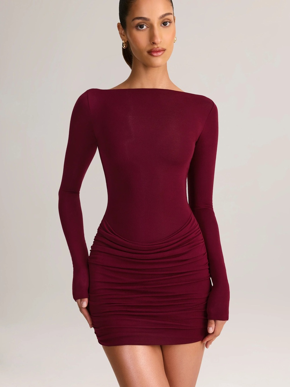 Oh Polly ESKA DRESS BURGUNDY SMALL NEW Long-Sleeve Burgundy Ruched Bodycon Dress